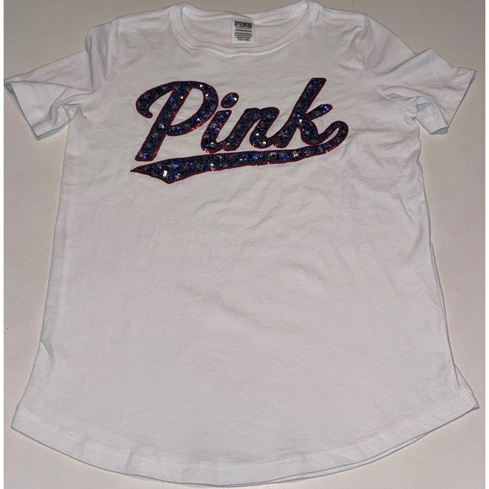 Victoria's Secret PINK Bling Red White Blue Patriotic Sequin Logo TShirt XS